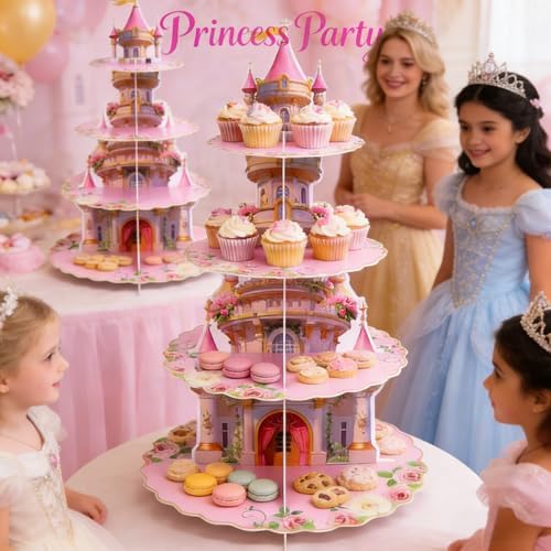 4-Tier Princess Extra Large Cupcake Stand - Pink Castle Theme Reusable Dessert Tower for Girls Birthday, alternate view 5