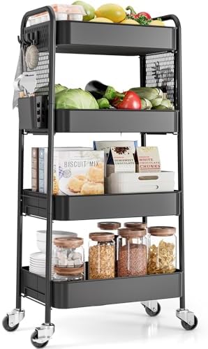 4 Tier Rolling Cart, Metal Utility Storage Cart with Pegboard, Black in Black