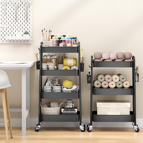 4 Tier Rolling Cart, Metal Utility Storage Cart with Pegboard, Black in Black, alternate view 2