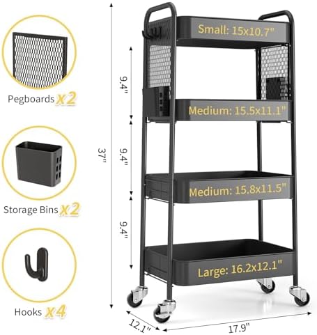 4 Tier Rolling Cart, Metal Utility Storage Cart with Pegboard, Black in Black, alternate view 3