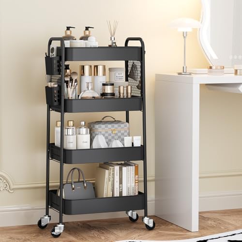 4 Tier Rolling Cart, Metal Utility Storage Cart with Pegboard, Black in Black, alternate view 4