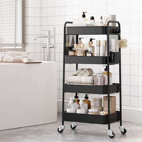 4 Tier Rolling Cart, Metal Utility Storage Cart with Pegboard, Black in Black, alternate view 5