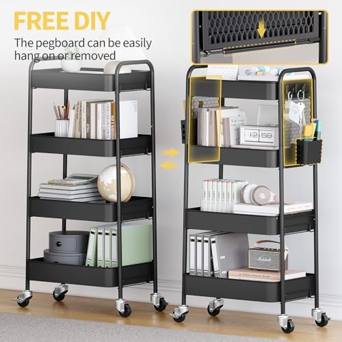 4 Tier Rolling Cart, Metal Utility Storage Cart with Pegboard, Black in Black, alternate view 7