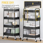 4 Tier Rolling Cart, Metal Utility Storage Cart with Pegboard, Black in Black, alternate view 7