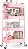 4 Tier Rolling Cart, Metal Utility Storage Cart with Pegboard, Pink in Pink