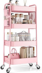 4 Tier Rolling Cart, Metal Utility Storage Cart with Pegboard, Pink in Pink