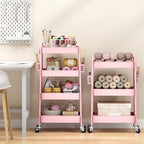 4 Tier Rolling Cart, Metal Utility Storage Cart with Pegboard, Pink in Pink, alternate view 2
