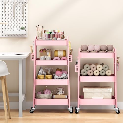 4 Tier Rolling Cart, Metal Utility Storage Cart with Pegboard, Pink in Pink, alternate view 2