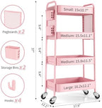 4 Tier Rolling Cart, Metal Utility Storage Cart with Pegboard, Pink in Pink, alternate view 3
