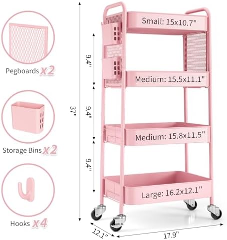 4 Tier Rolling Cart, Metal Utility Storage Cart with Pegboard, Pink in Pink, alternate view 3