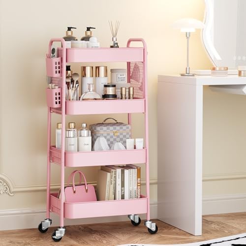 4 Tier Rolling Cart, Metal Utility Storage Cart with Pegboard, Pink in Pink, alternate view 4