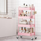 4 Tier Rolling Cart, Metal Utility Storage Cart with Pegboard, Pink in Pink, alternate view 5