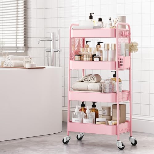 4 Tier Rolling Cart, Metal Utility Storage Cart with Pegboard, Pink in Pink, alternate view 5
