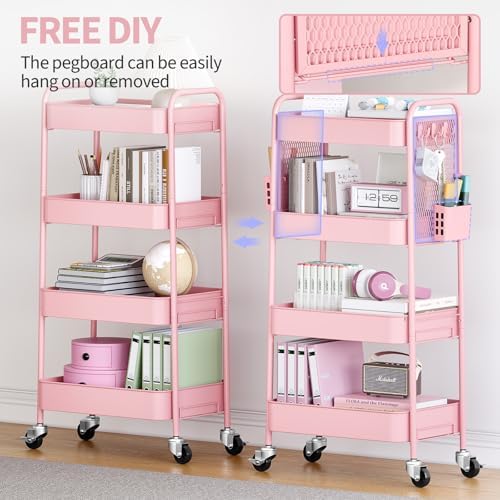 4 Tier Rolling Cart, Metal Utility Storage Cart with Pegboard, Pink in Pink, alternate view 7