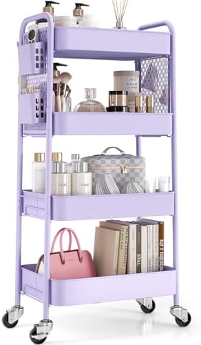 4 Tier Rolling Cart, Metal Utility Storage Cart with Pegboard, Purple