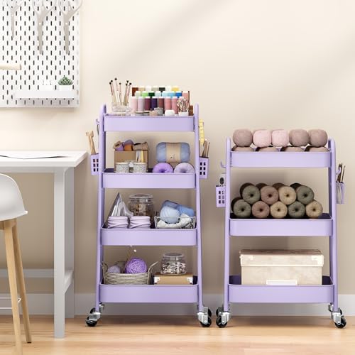 4 Tier Rolling Cart, Metal Utility Storage Cart with Pegboard, Purple, alternate view 2
