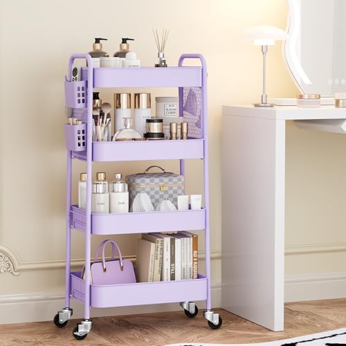 4 Tier Rolling Cart, Metal Utility Storage Cart with Pegboard, Purple, alternate view 4