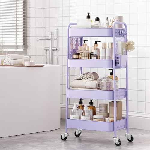 4 Tier Rolling Cart, Metal Utility Storage Cart with Pegboard, Purple, alternate view 5