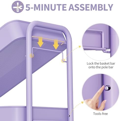 4 Tier Rolling Cart, Metal Utility Storage Cart with Pegboard, Purple, alternate view 6