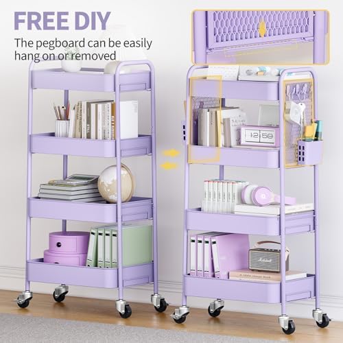 4 Tier Rolling Cart, Metal Utility Storage Cart with Pegboard, Purple, alternate view 7