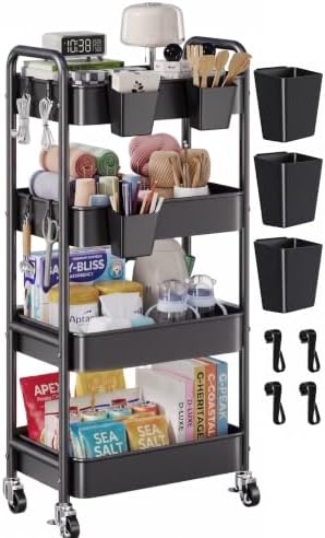 4 Tier Rolling Cart Metal with Wheels, Black Storage Carts,38in Tall