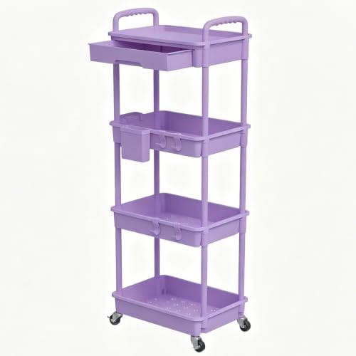 4 Tier Rolling Cart with Drawer, Utility Storage Cart on Wheels for Kitchen, Bathroom, Living Room