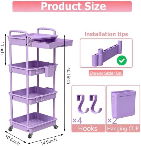 4 Tier Rolling Cart with Drawer, Utility Storage Cart on Wheels for Kitchen, Bathroom, Living Room, alternate view 2