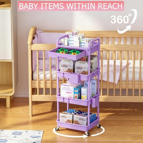 4 Tier Rolling Cart with Drawer, Utility Storage Cart on Wheels for Kitchen, Bathroom, Living Room, alternate view 3
