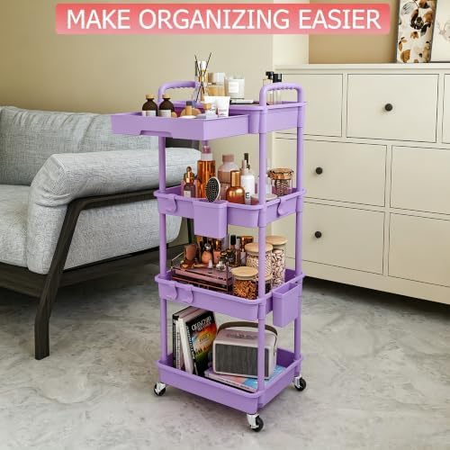 4 Tier Rolling Cart with Drawer, Utility Storage Cart on Wheels for Kitchen, Bathroom, Living Room, alternate view 4