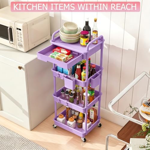 4 Tier Rolling Cart with Drawer, Utility Storage Cart on Wheels for Kitchen, Bathroom, Living Room, alternate view 5