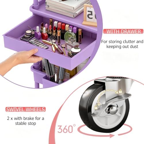 4 Tier Rolling Cart with Drawer, Utility Storage Cart on Wheels for Kitchen, Bathroom, Living Room, alternate view 6