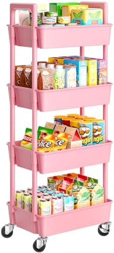 4 Tier Rolling Cart with Handle & Wheels for Storage, Pink in Pink