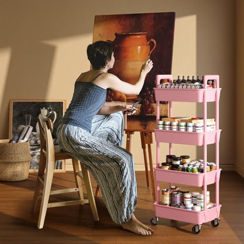 4 Tier Rolling Cart with Handle & Wheels for Storage, Pink in Pink, alternate view 2