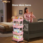 4 Tier Rolling Cart with Handle & Wheels for Storage, Pink in Pink, alternate view 4