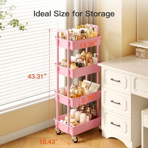 4 Tier Rolling Cart with Handle & Wheels for Storage, Pink in Pink, alternate view 5