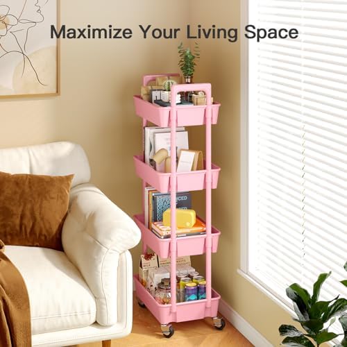 4 Tier Rolling Cart with Handle & Wheels for Storage, Pink in Pink, alternate view 6