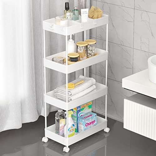 4 Tier Rolling Cart with Wheels, Storage Craft Art Trolley Organizer Serving, 3 Hanging Baskets Easy Assembly