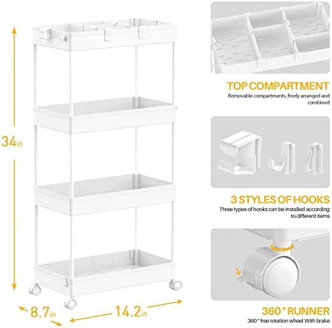 4 Tier Rolling Cart with Wheels, Storage Craft Art Trolley Organizer Serving, 3 Hanging Baskets Easy Assembly, alternate view