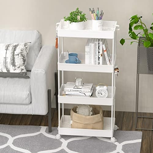 4 Tier Rolling Cart with Wheels, Storage Craft Art Trolley Organizer Serving, 3 Hanging Baskets Easy Assembly, alternate view