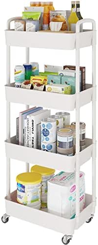 4 Tier Rolling Cart with Wheels, Utility Storage Carts, White in White