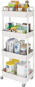 4 Tier Rolling Cart with Wheels, Utility Storage Carts, White in White