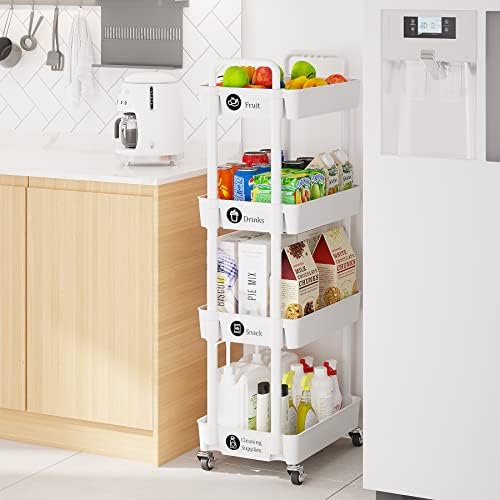 4 Tier Rolling Cart with Wheels, Utility Storage Carts, White in White, alternate view 2