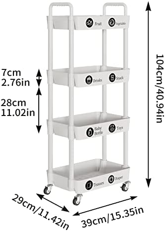 4 Tier Rolling Cart with Wheels, Utility Storage Carts, White in White, alternate view 3