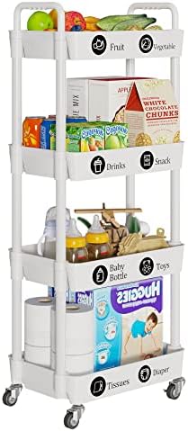 4 Tier Rolling Cart with Wheels, Utility Storage Carts, White in White, alternate view 4