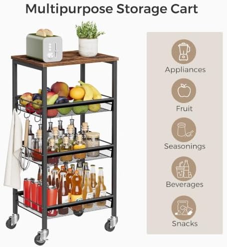 4-Tier Rolling Kitchen Storage Cart, Fruit Vegetable Basket, alternate view 5