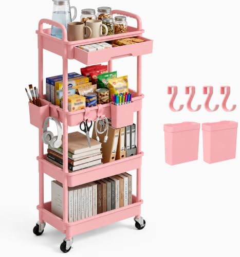 4 Tier Rolling Storage Cart with Drawer, Utility Carts with Wheels