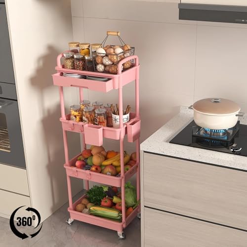 4 Tier Rolling Storage Cart with Drawer, Utility Carts with Wheels, alternate view 2