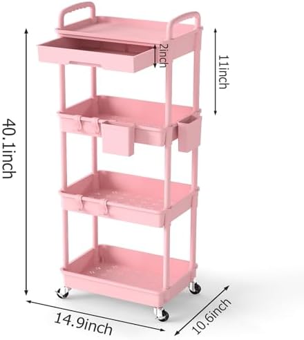 4 Tier Rolling Storage Cart with Drawer, Utility Carts with Wheels, alternate view 3