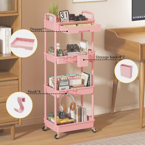 4 Tier Rolling Storage Cart with Drawer, Utility Carts with Wheels, alternate view 4
