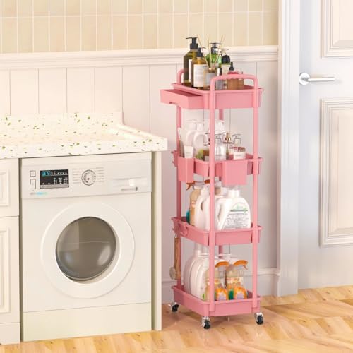 4 Tier Rolling Storage Cart with Drawer, Utility Carts with Wheels, alternate view 6